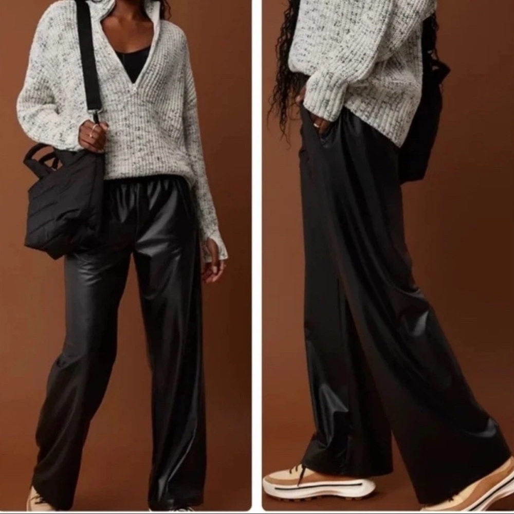Aerie Offline Pants Womens Sz Large Black Luxe Faux Leather Wide Leg